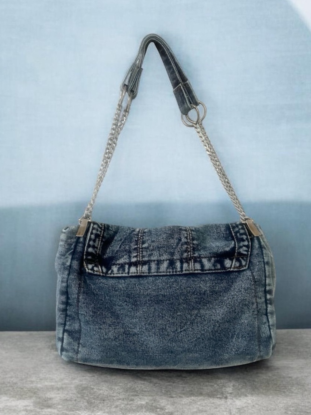 Denim Shoulder Bag with Chain Strap - Blue - Picture 2 of 6